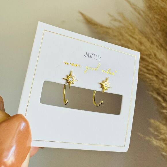 NEW ANTHROPOLOGIE JaxKelly Starburst Icon 18kt Tiny White CZ Stone Hoop Earring - Picture 7 of 8